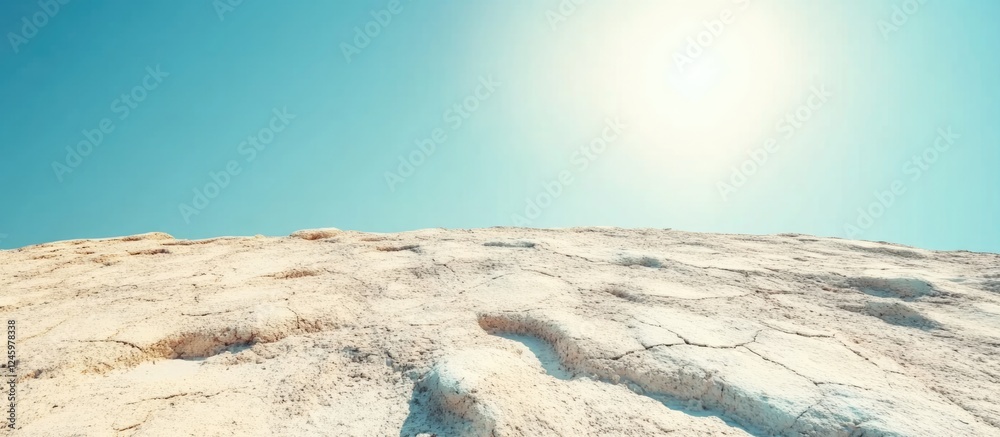 Poster cracked desert terrain under bright sunny sky with ample negative space for text or graphic overlay