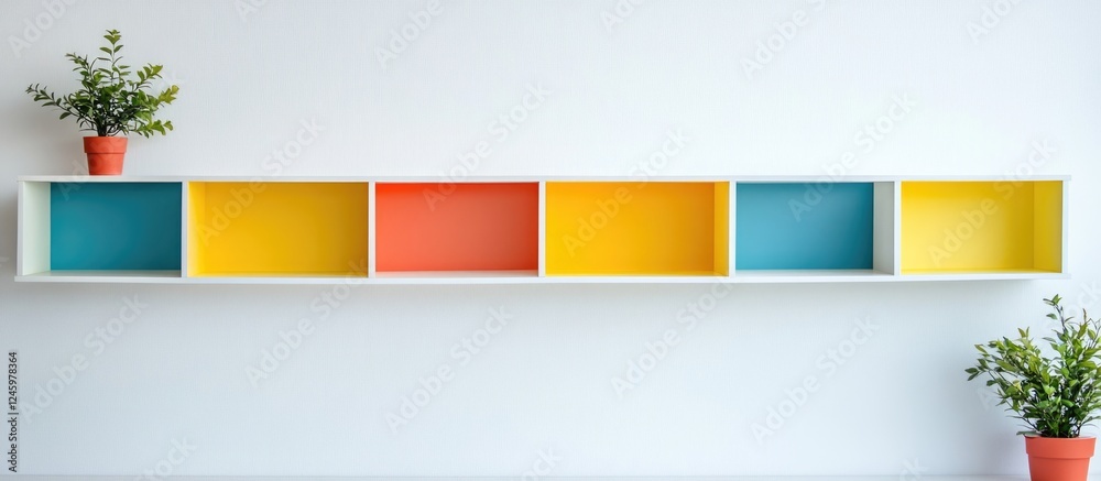 Poster colorful minimalist shelf design with plants in an art gallery setting perfect for mockups and decor