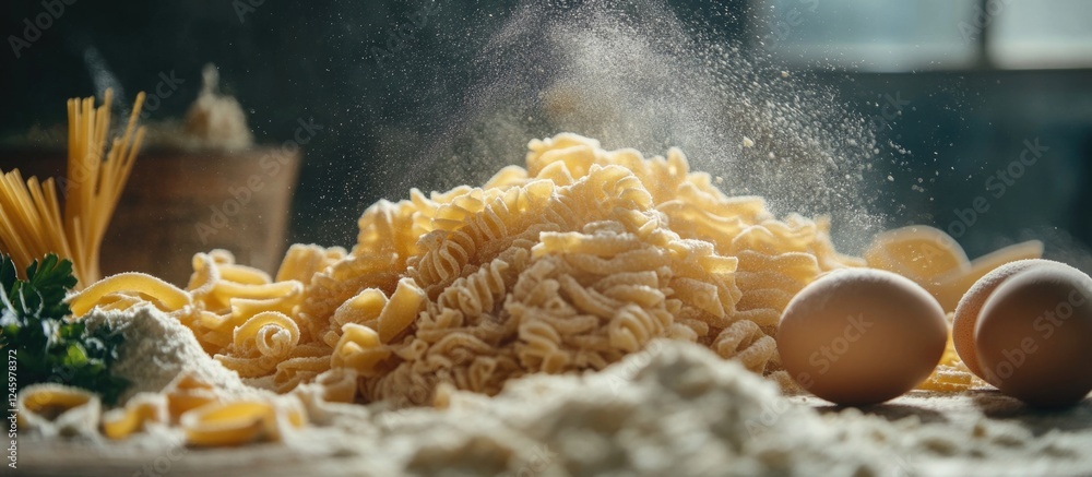 Aufkleber assorted raw pasta varieties with fresh eggs and flour creating a rustic kitchen scene for culinary 