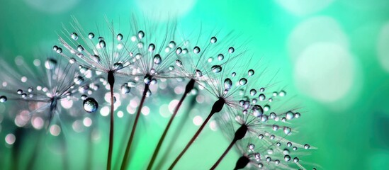 Dandelion flower with morning dew against a dreamy blurred green background showcasing delicate water droplets glistening in sunlight