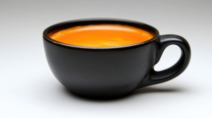 Black Cup Filled with Vibrant Orange Beverage on Soft Background