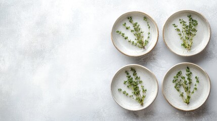 Plates with fresh herbs arranged on a light background showcasing vibrant greenery and empty space for text or design elements