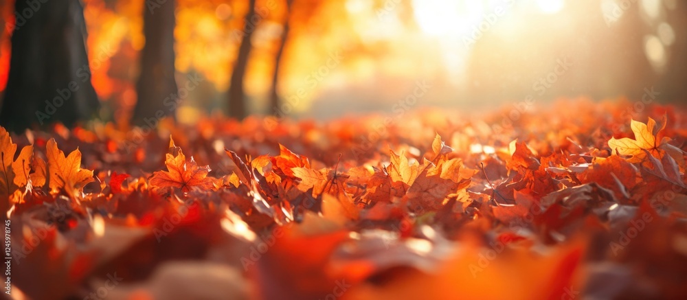 Poster vibrant autumn forest scene with colorful fallen leaves creating a warm natural background atmospher