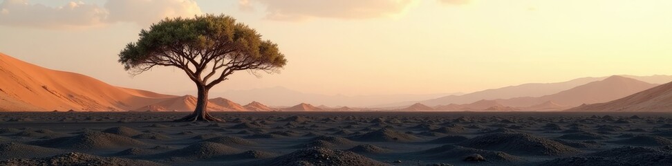 Arid desert landscape with a single tree and vast black soil, ground, nature, earthy tone