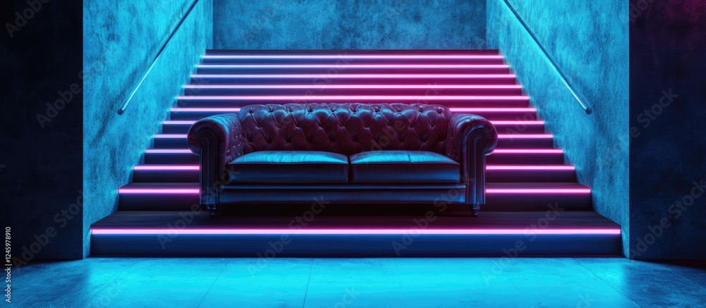 Poster led staircase and vintage leather sofa in a modern setting with dynamic neon lighting and blank spac