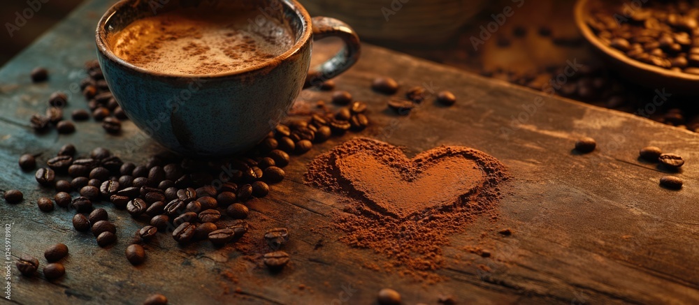 Poster cup of coffee with heart shape made of coffee beans on rustic wooden table background