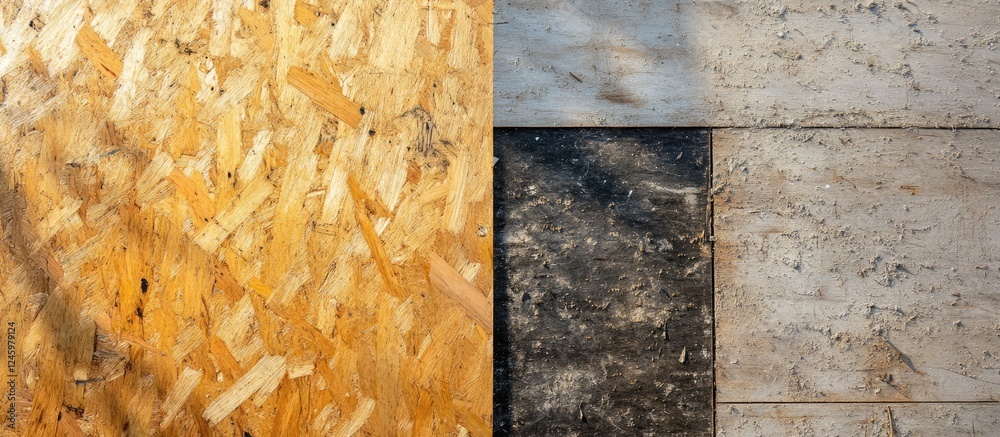 Poster Comparison of traditional and modern oriented strand board OSB textures and colors in interior design applications