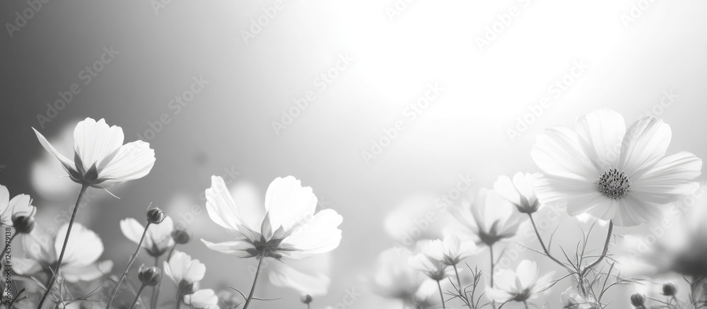 Aufkleber cosmos flowers blooming in a field with black and white tones and ample copy space for text and desi