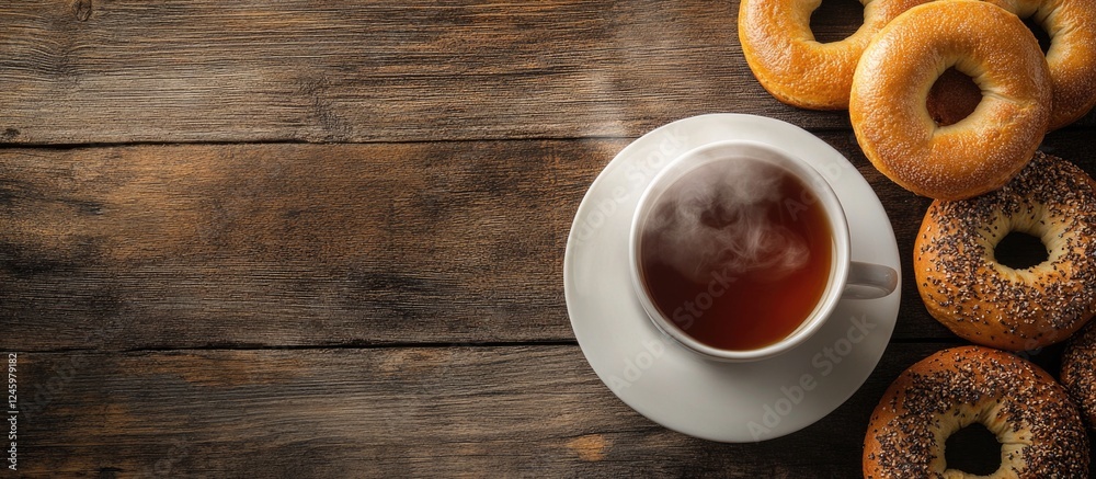 Poster cup of steaming tea with bagels arranged on a rustic wooden table top view showcasing a cozy breakfa