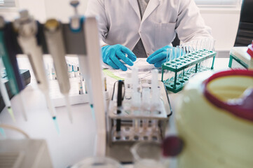 laboratory assistant hands only in disposable sterile gloves makes analyses using pipettes,...