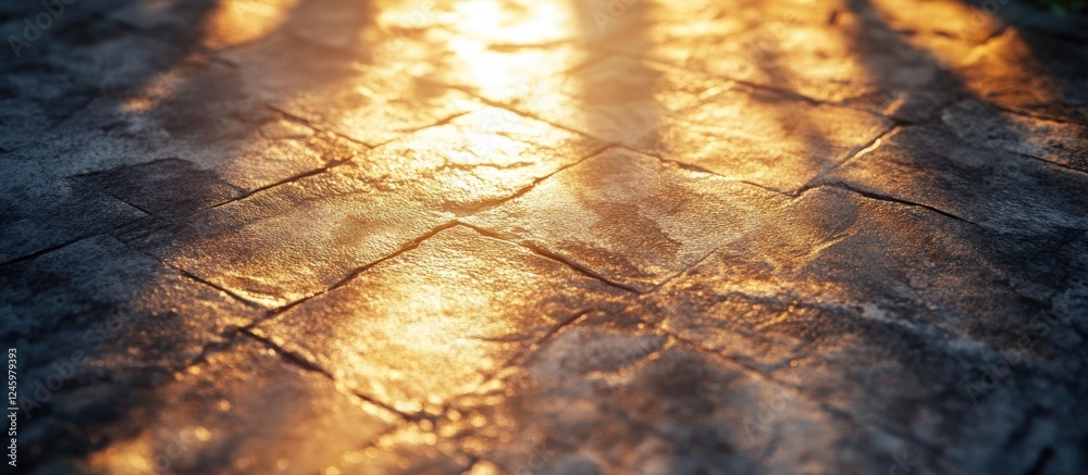 Poster textured concrete pavement illuminated by sunlight creating a warm atmosphere and highlighting surfa