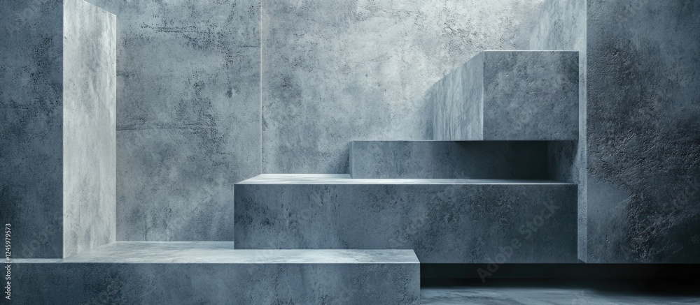 Poster Textured concrete background with abstract geometric shapes and stairs creating a modern architectural aesthetic for design and art projects.
