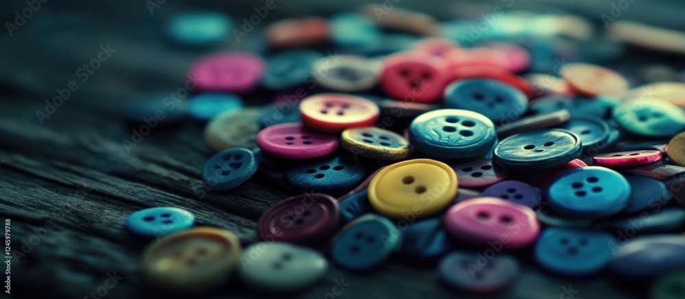 Poster assorted colorful buttons on a rustic wooden surface creating a vibrant textile or crafting backgrou