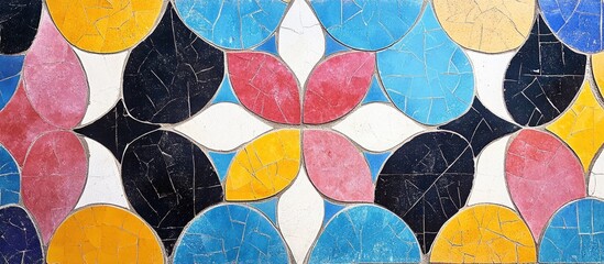 Colorful mosaic tile wall design featuring vibrant patterns and a blank space ideal for customizable text or branding.