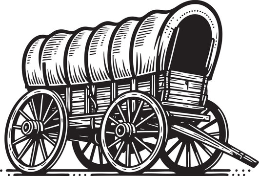 Black and White Vector Illustration of a Covered Wagon