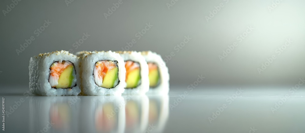 Poster crab sushi rolls with tempura and avocado on a reflective surface in a japanese kitchen setting with
