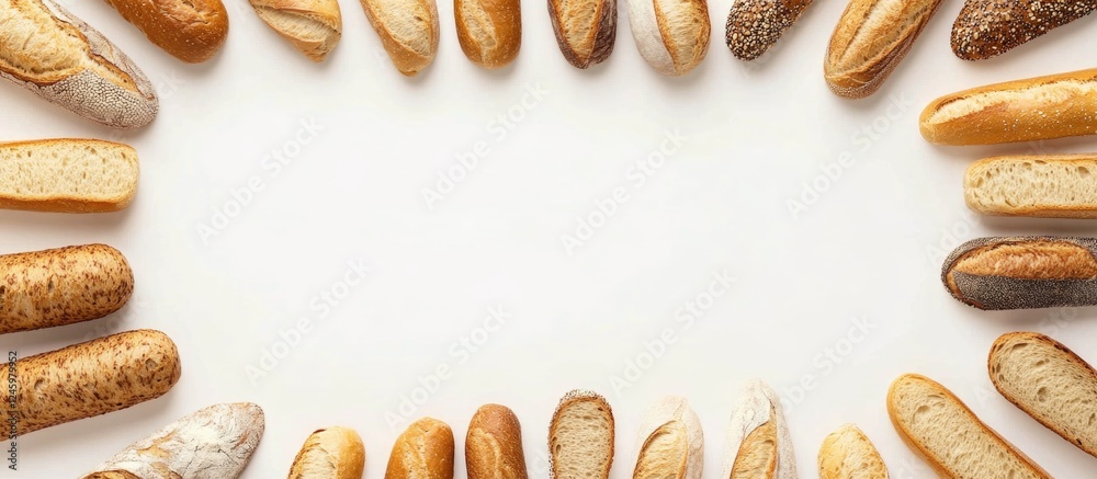 Poster Assorted sliced baguette varieties arranged on a white background creating a decorative food frame with ample copy space for text.