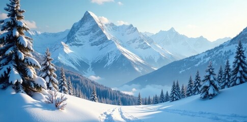 Delicate snowflakes float in the air over a tranquil mountain range, snowflakes, winter wonderland, mountain range
