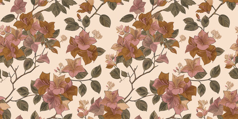 a repeating pattern of stylized floral arrangements featuring pink, orange, and purple flowers with green leaves, set against a light cream background.