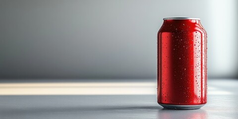 Red Soda Can with Water Droplets on White Background Ideal for Product Promotion and Creative Advertising Banners