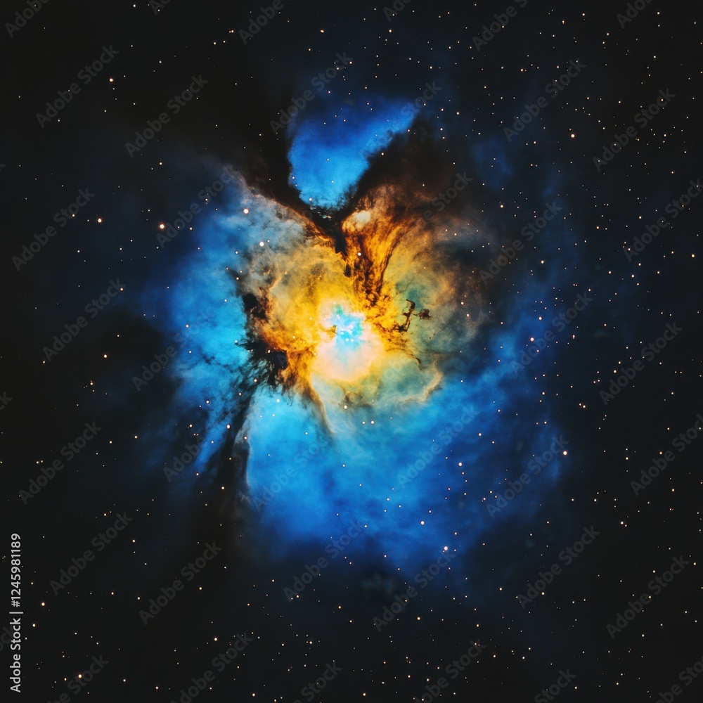 Wall mural large star in the center of a colorful nebula with a soft glow in deep space environment
