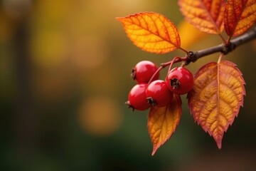 Autumn berries and leaves on a branch with background, fall foliage, wood