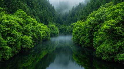Misty mountain lake, lush green trees, calm reflection, nature scene, travel poster