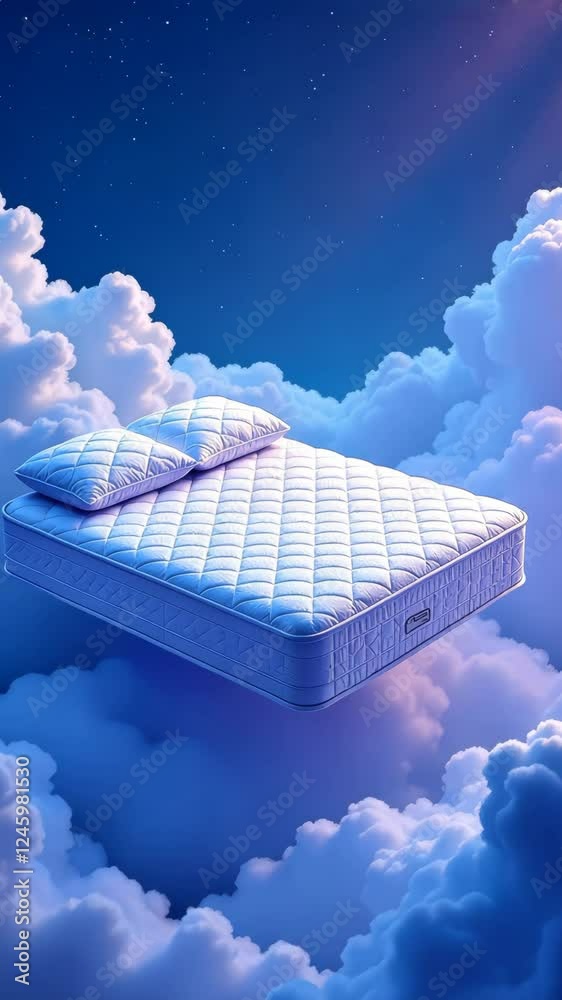 Poster a white bed is floating in the sky. the bed is surrounded by clouds. there are two pillows on the be
