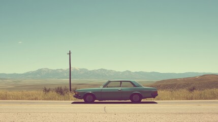 Obraz premium Vintage car road trip, desert landscape, mountains background, travel poster