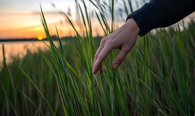 A hand brushing across tall grass in slow motion, Generative AI