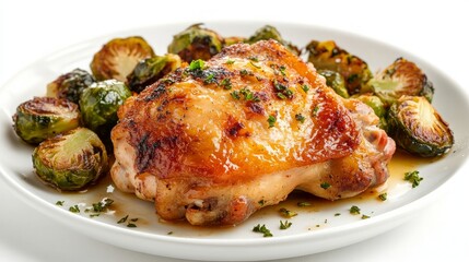 Roasted Chicken Thigh with Brussels Sprouts on a White Plate - Culinary Presentation for Recipe Inspiration