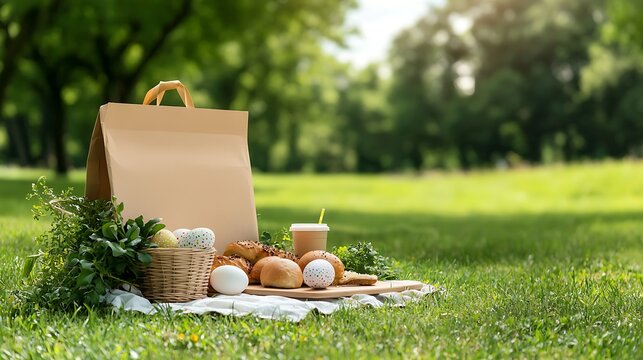 Relaxed easter day picnic in bright park with pastel eggs and delicious food setup
