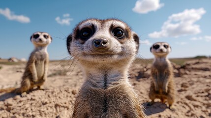 Meerkat family standing on guard in the desert.