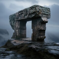 Ancient stone portal on a misty mountain top.