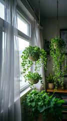 Fototapeta premium A serene indoor setting featuring lush hanging plants by a window, creating a refreshing atmosphere. The greenery brings nature indoors, enhancing the space with vibrant life.