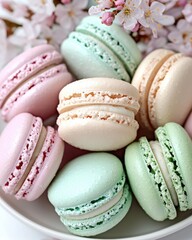 Fototapeta premium Colorful macarons with cherry blossoms