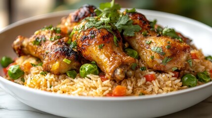 A delicious plate of grilled chicken legs served over seasoned rice with fresh herbs.
