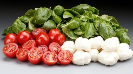Fresh basil, tomatoes, mozzarella. Italian salad ingredients. Food photography