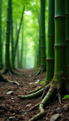 Fototapeta premium Bamboo stalks and roots intertwined in rainforest soil, bamboo, fauna, jungle