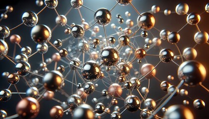 Obraz premium Floating metallic spheres connected by luminous threads, forming an abstract molecular structure