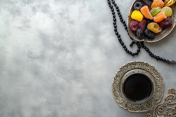 Fototapeta premium Festive sweets, tea, prayer beads on grey stone