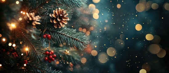 Christmas bokeh background featuring festive golden particles, evergreen branches, and pine cones creating a warm holiday atmosphere.