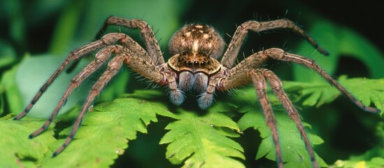 Female Lycosa sp wolf spider perched on green foliage showcasing its distinctive features in natural habitat.
