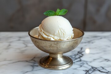 A scoop of vanilla ice cream in a silver bowl topped with mint.