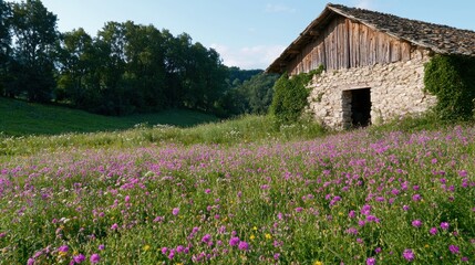 Rustic barn surrounded by a field of wildflowers.