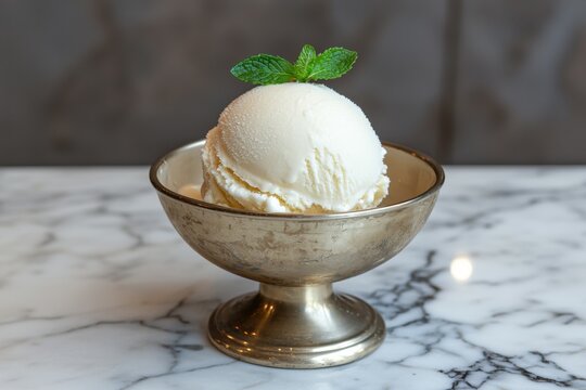 A scoop of vanilla ice cream in a silver bowl topped with mint.