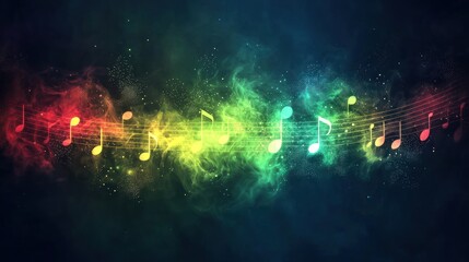 Colorful musical notes flowing in cosmic space; abstract music background for design