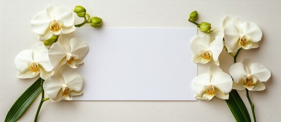 Flowers and blank card on white background for greeting card design with space for text and blooming white hybrid orchids arrangement