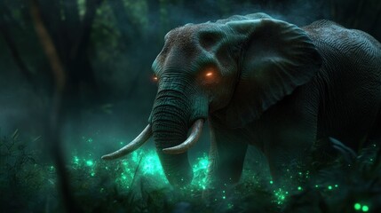 A mysterious elephant stands in the shadows of a dense forest, illuminated by ethereal glowing lights, embodying the majestic beauty of wildlife in an enchanting environment.