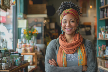 Woman standing in a retail store with arms crossed looking thoughtful and engaged in shopping experience